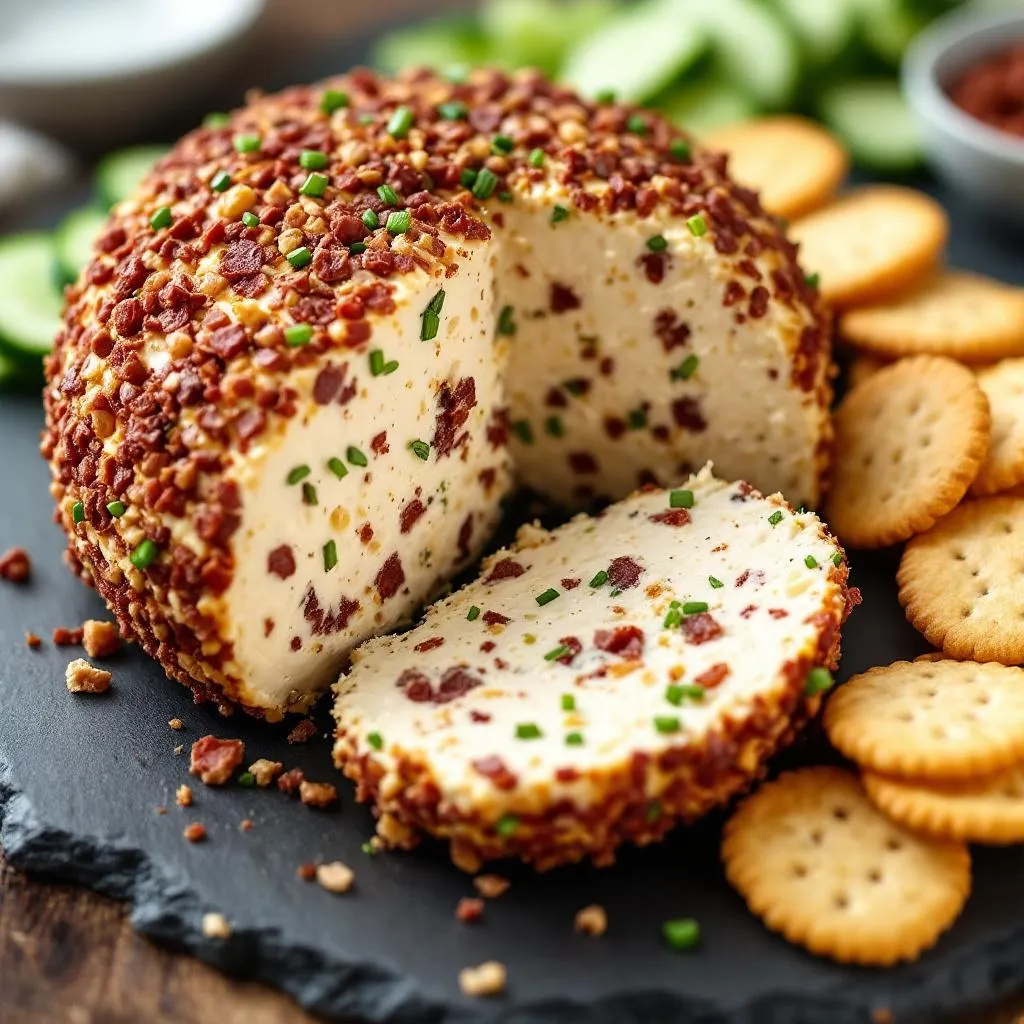 Keto Dried Beef Cheese Ball with Chives and Pecans serving