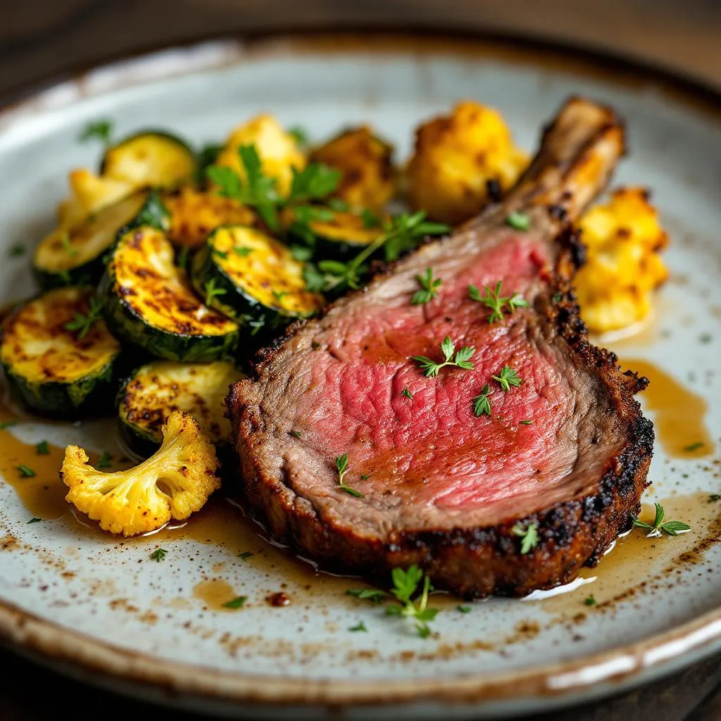 Keto Rib Roast Dinner with Garlic Herb Butter and Roasted Veg serving
