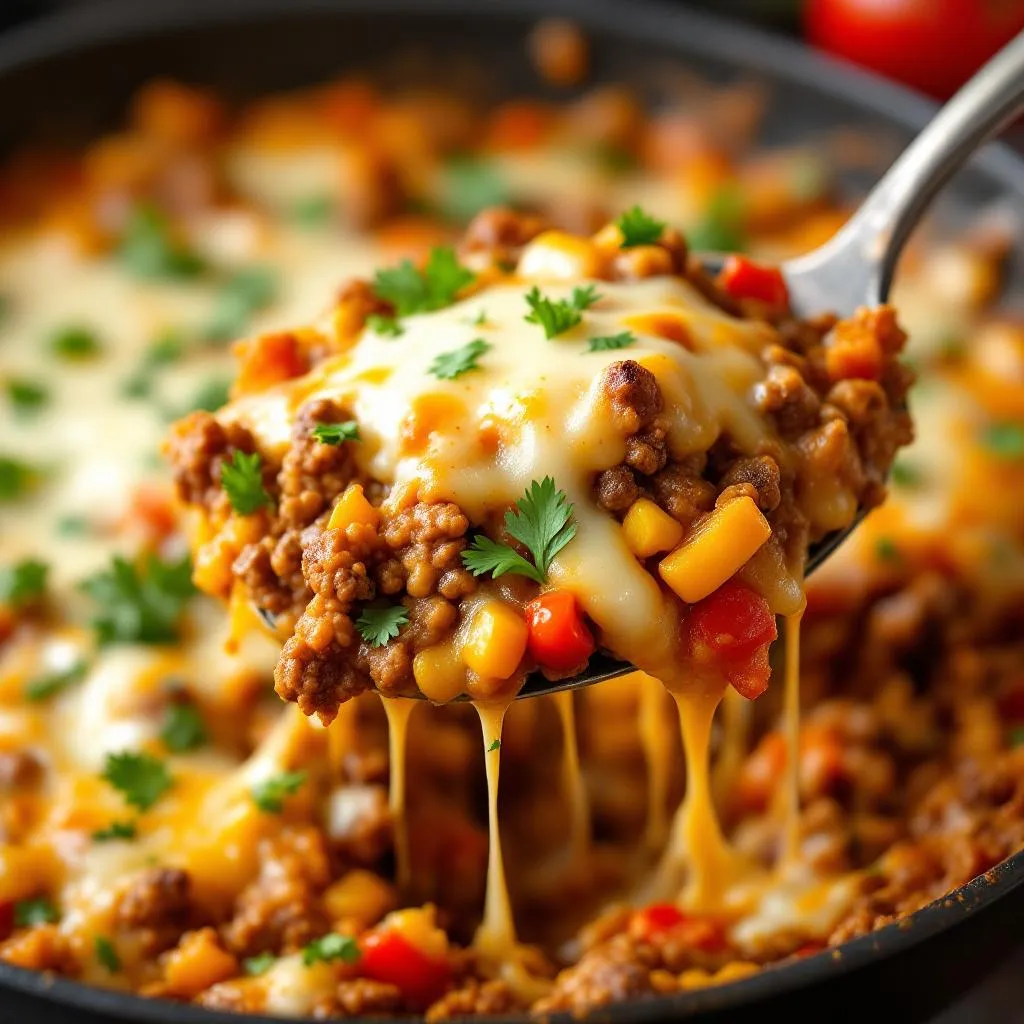 Keto Minced Beef Skillet with Cheesy Broccoli and Peppers serving